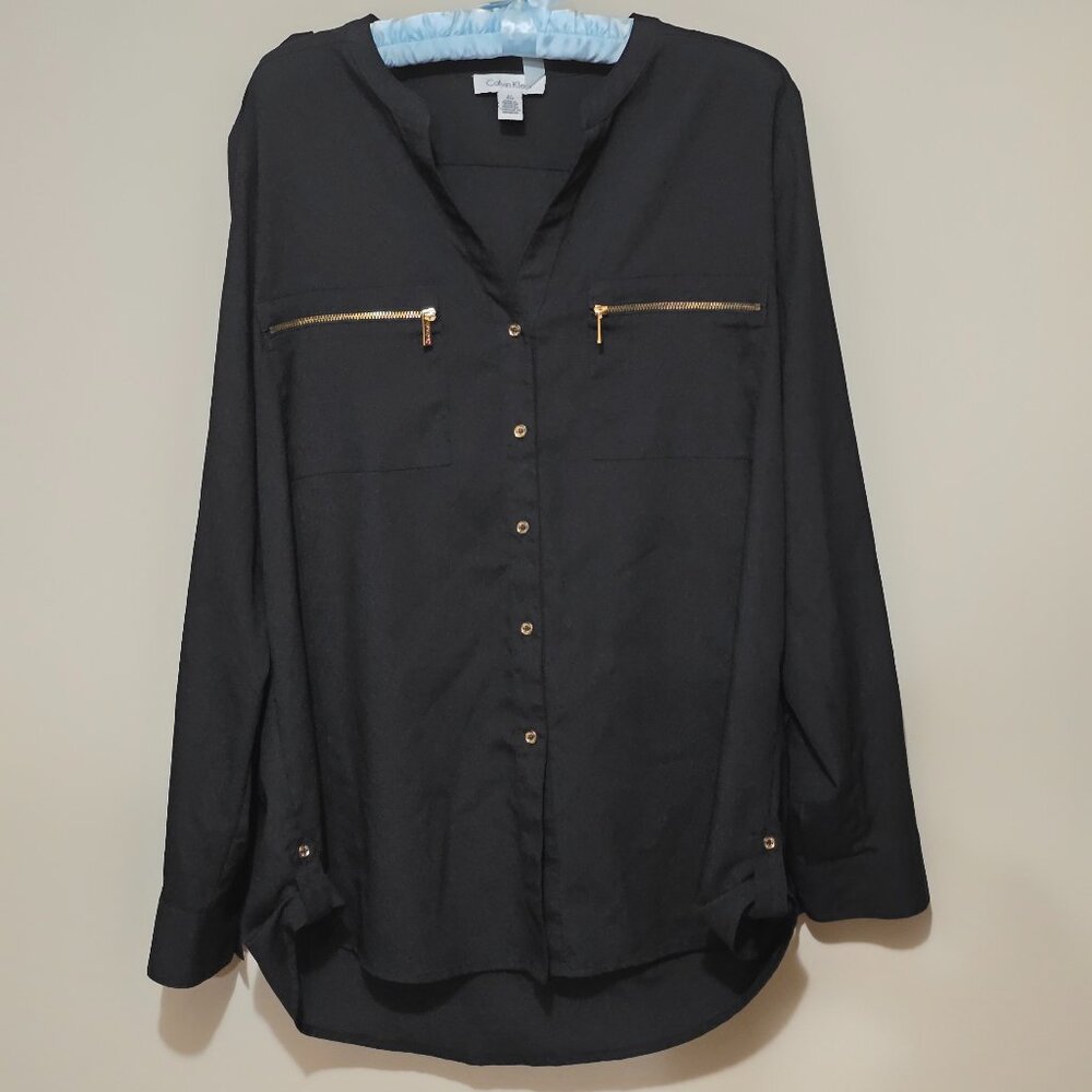 Women's Long sleeved blouse, deep black w/ shiny gold accents  size L